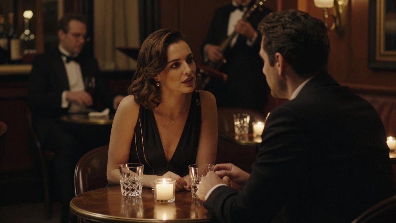 A couple shares a quiet moment at a candlelit jazz club table in Mayfair, elegant and intimate.
