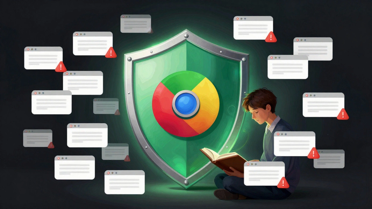 A shield made of browser icons blocking a flood of intrusive notification pop-ups in a digital art style.