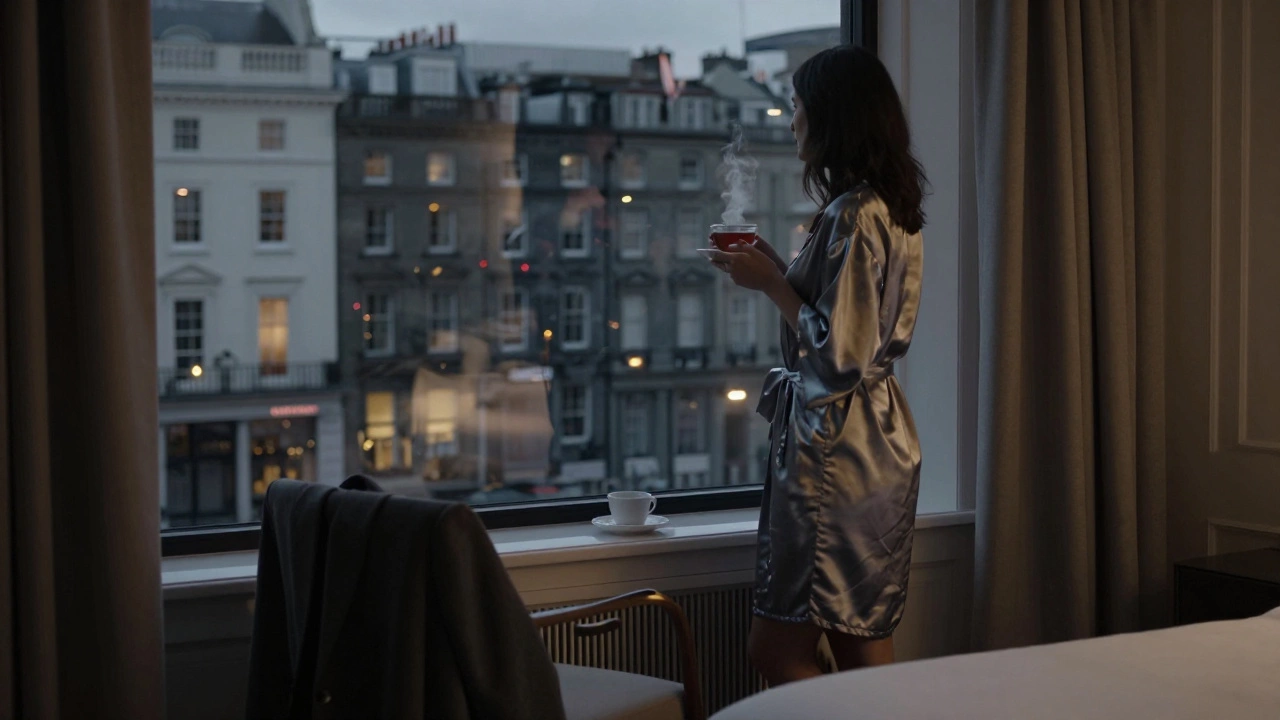 A woman stands by a window in a boutique hotel room, her robe and tea cup catching twilight light, man&#039;s coat nearby.