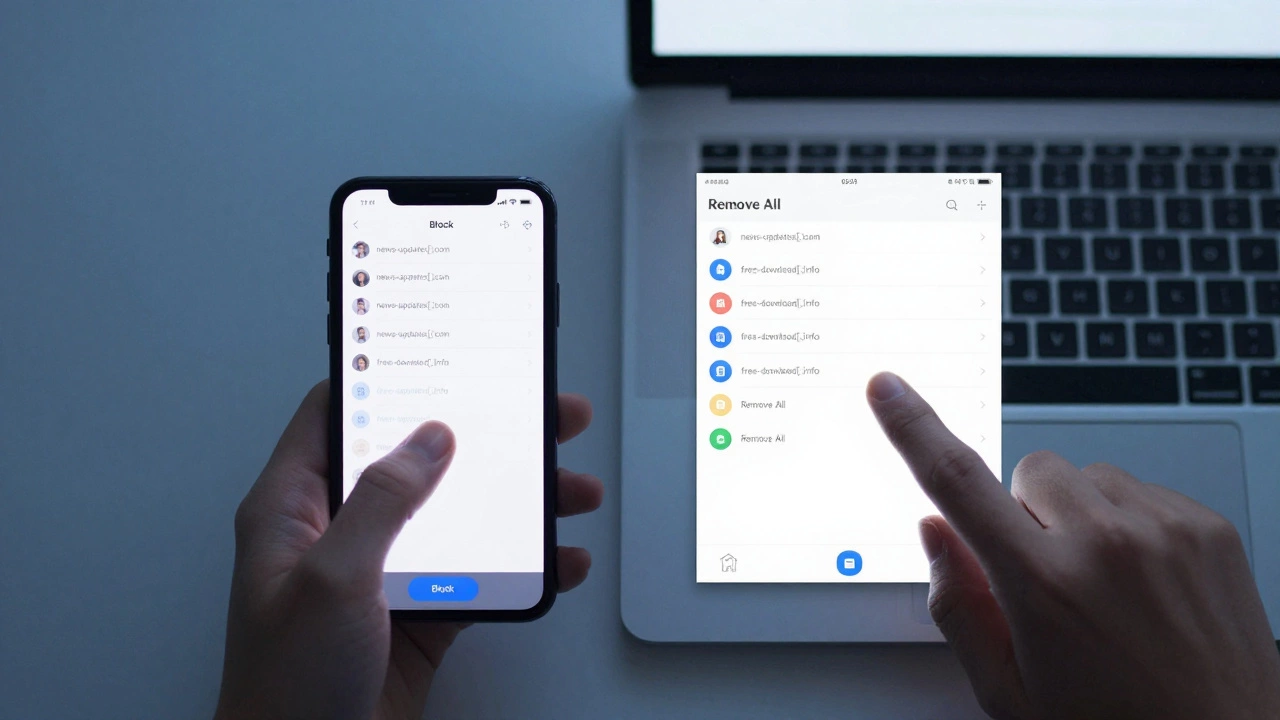 Smartphone and computer screens showing multiple suspicious notification alerts, with a hand blocking one.